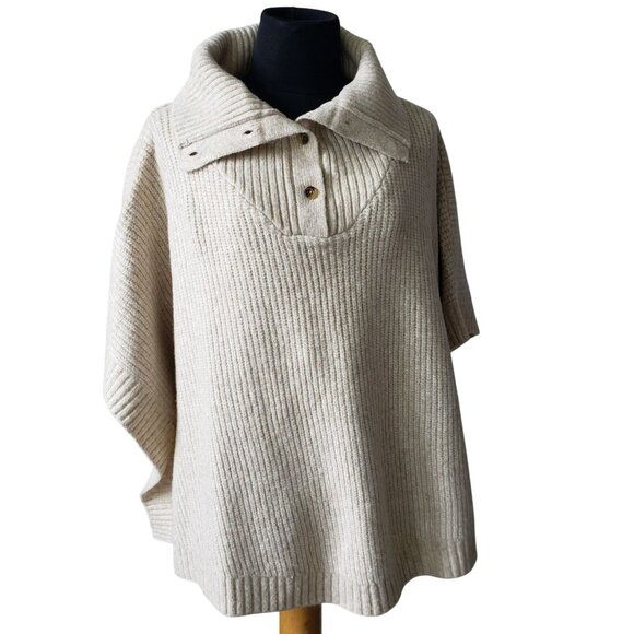 LOFT Button Turtleneck Poncho Cream Oatmeal M/L Knit Sweater Coastal Nautical - Picture 3 of 14